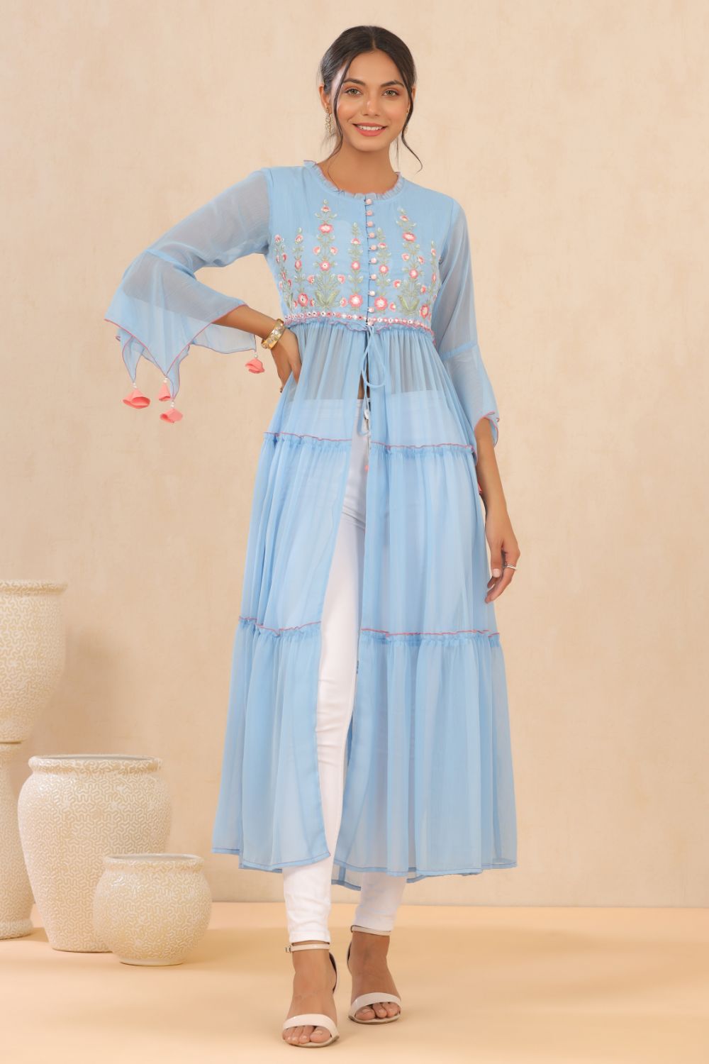 Juniper Womens Powderblue Chiffon Embroidered Tiered Kurta | Swadesiicart
