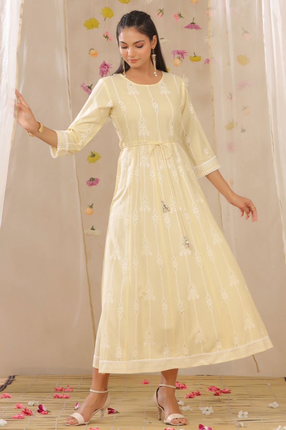 Juniper Womens Yellow Rayon Gliter Printed Anarkali Dress | Swadesiicart