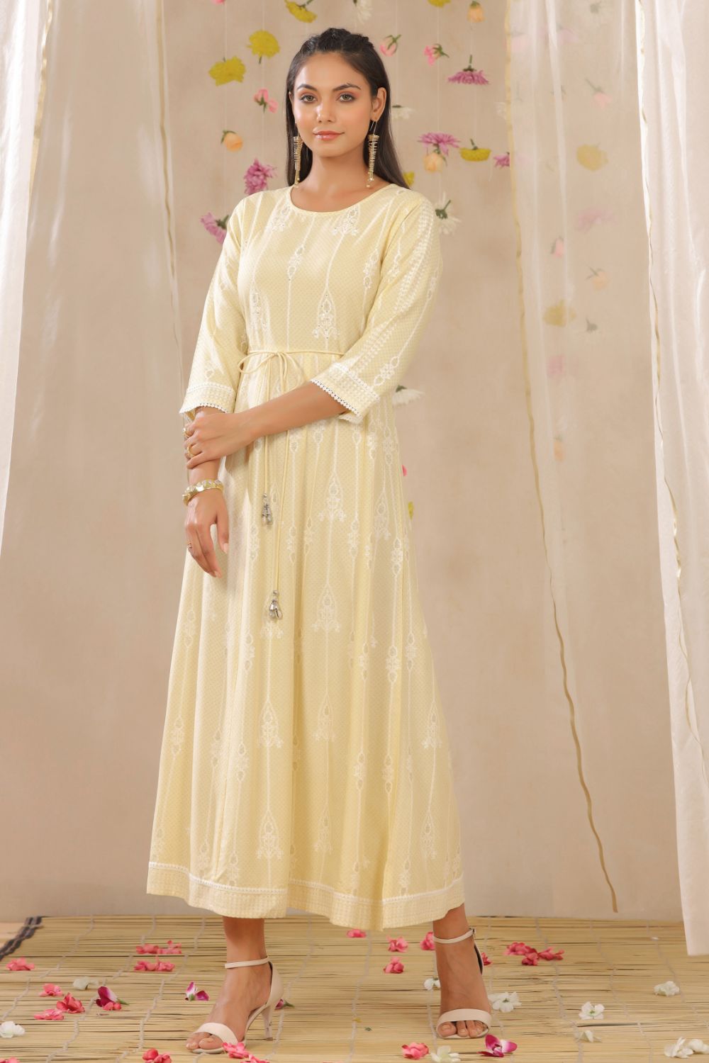 Juniper Womens Yellow Rayon Gliter Printed Anarkali Dress | Swadesiicart