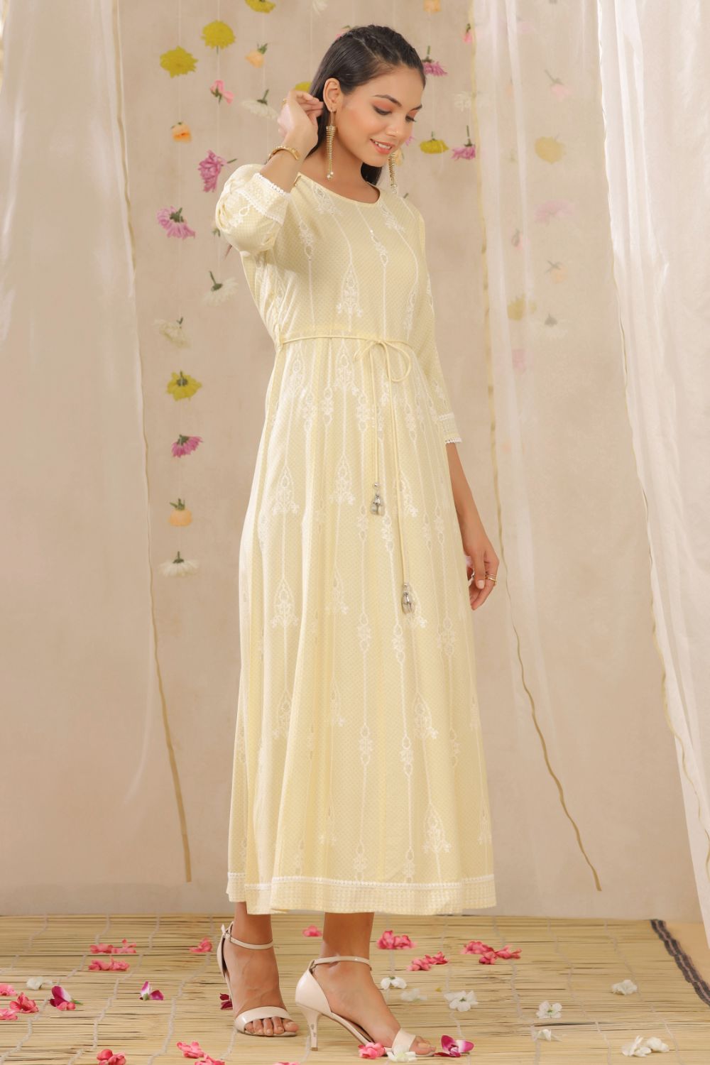 Juniper Womens Yellow Rayon Gliter Printed Anarkali Dress | Swadesiicart