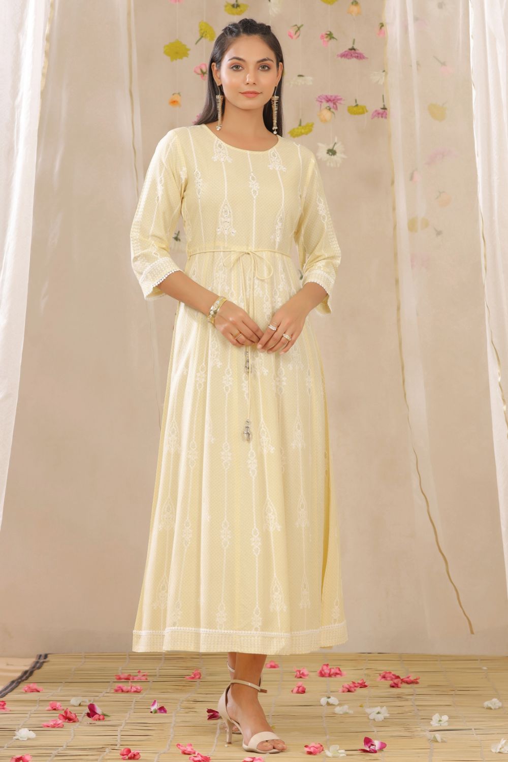 Juniper Womens Yellow Rayon Gliter Printed Anarkali Dress | Swadesiicart