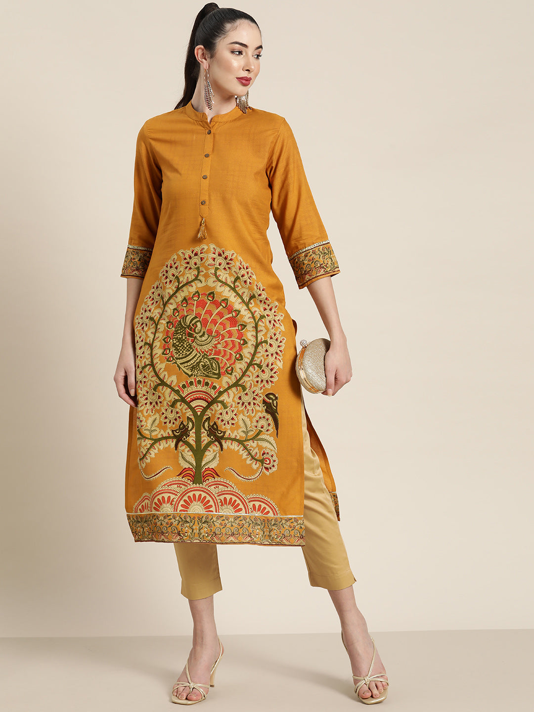 Juniper Mustard Ethnic Motif Printed Rayon Straight Kurta With Buttons & Tassels - Swadesiicart
