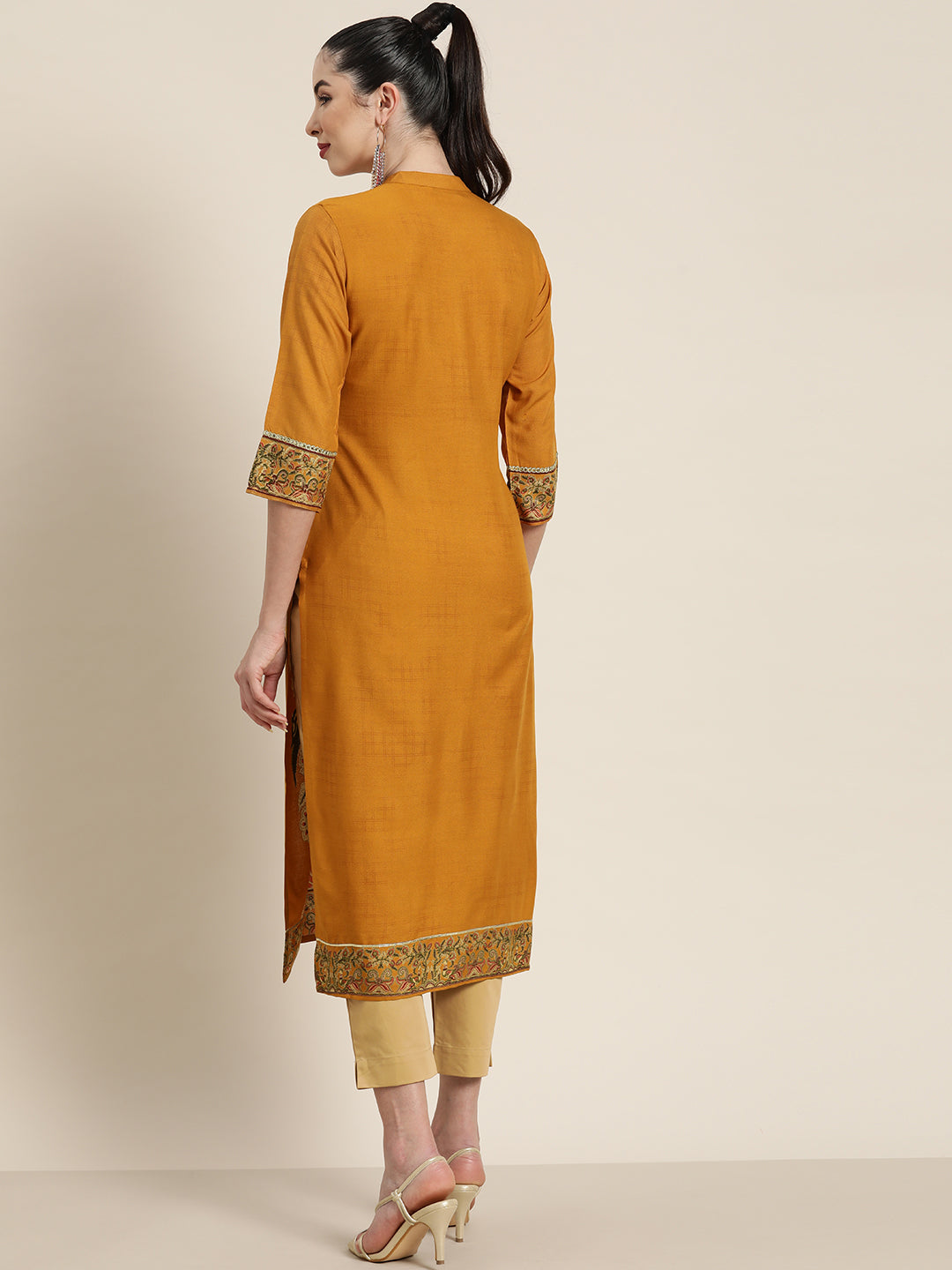 Juniper Mustard Ethnic Motif Printed Rayon Straight Kurta With Buttons & Tassels - Swadesiicart