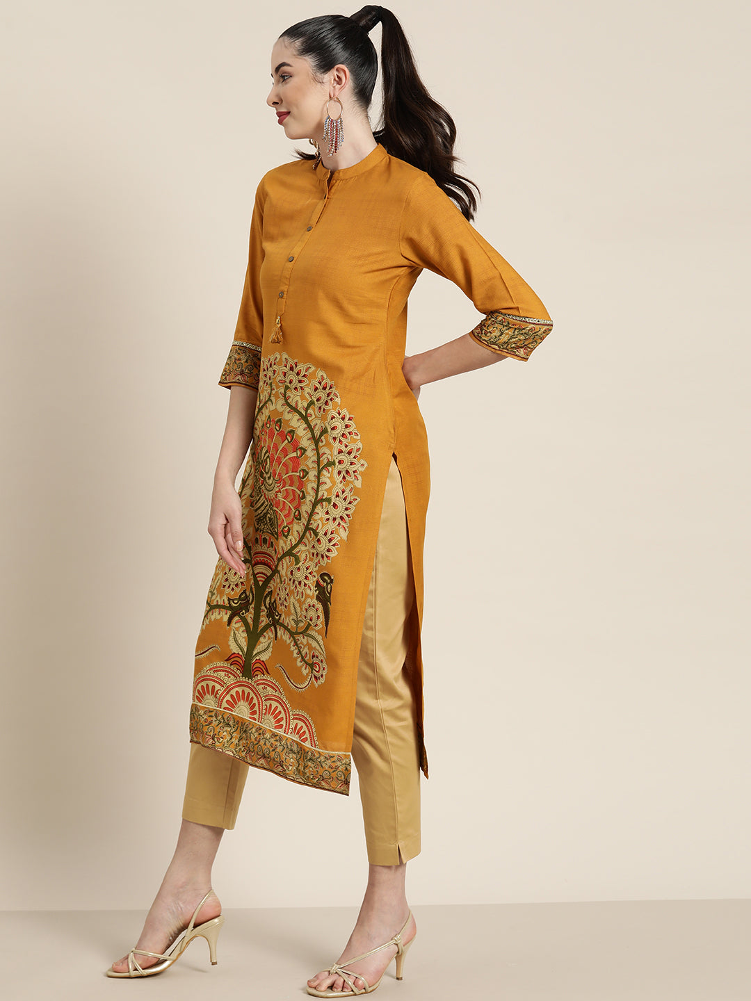 Juniper Mustard Ethnic Motif Printed Rayon Straight Kurta With Buttons & Tassels - Swadesiicart
