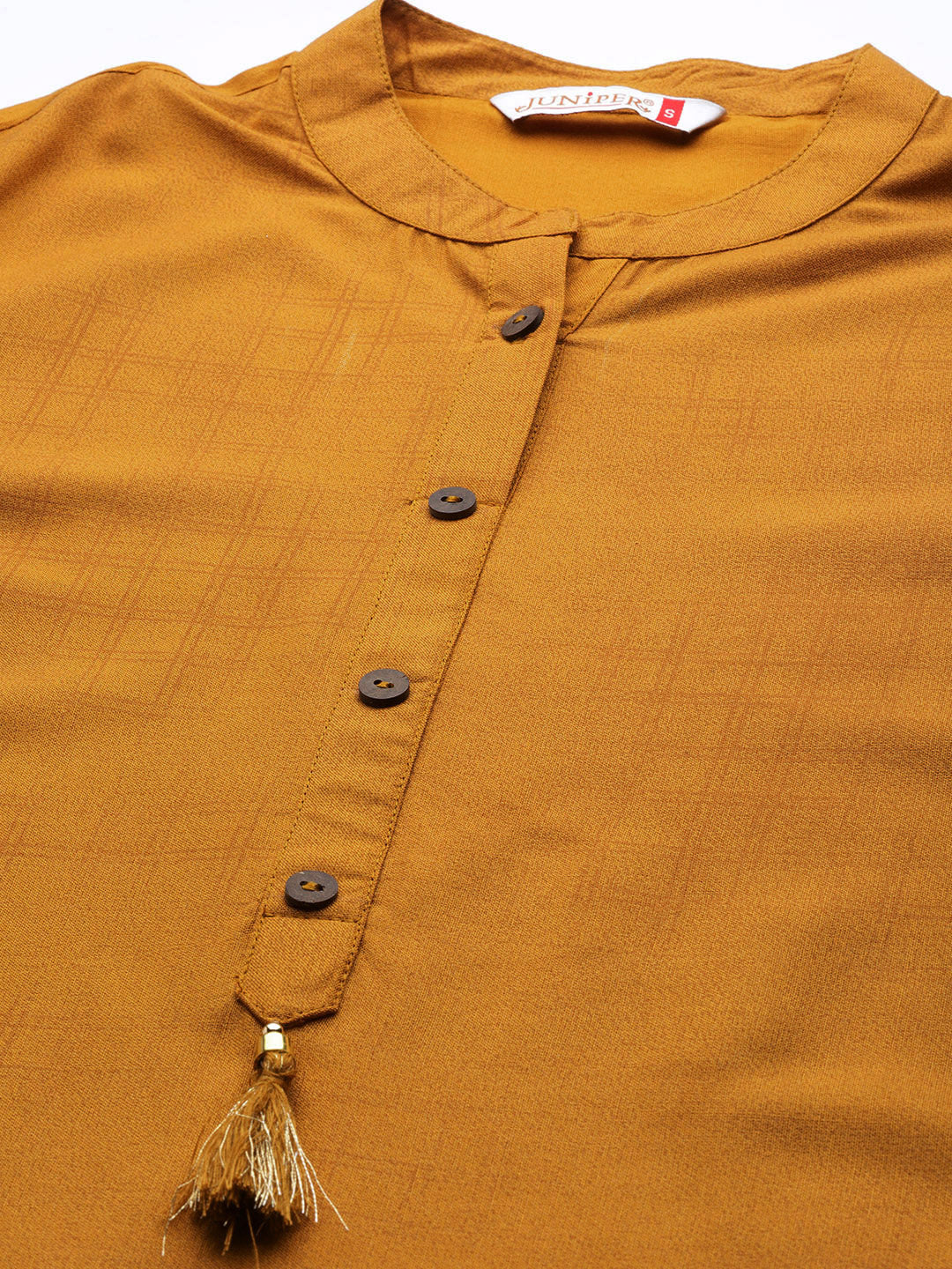 Juniper Mustard Ethnic Motif Printed Rayon Straight Kurta With Buttons & Tassels - Swadesiicart