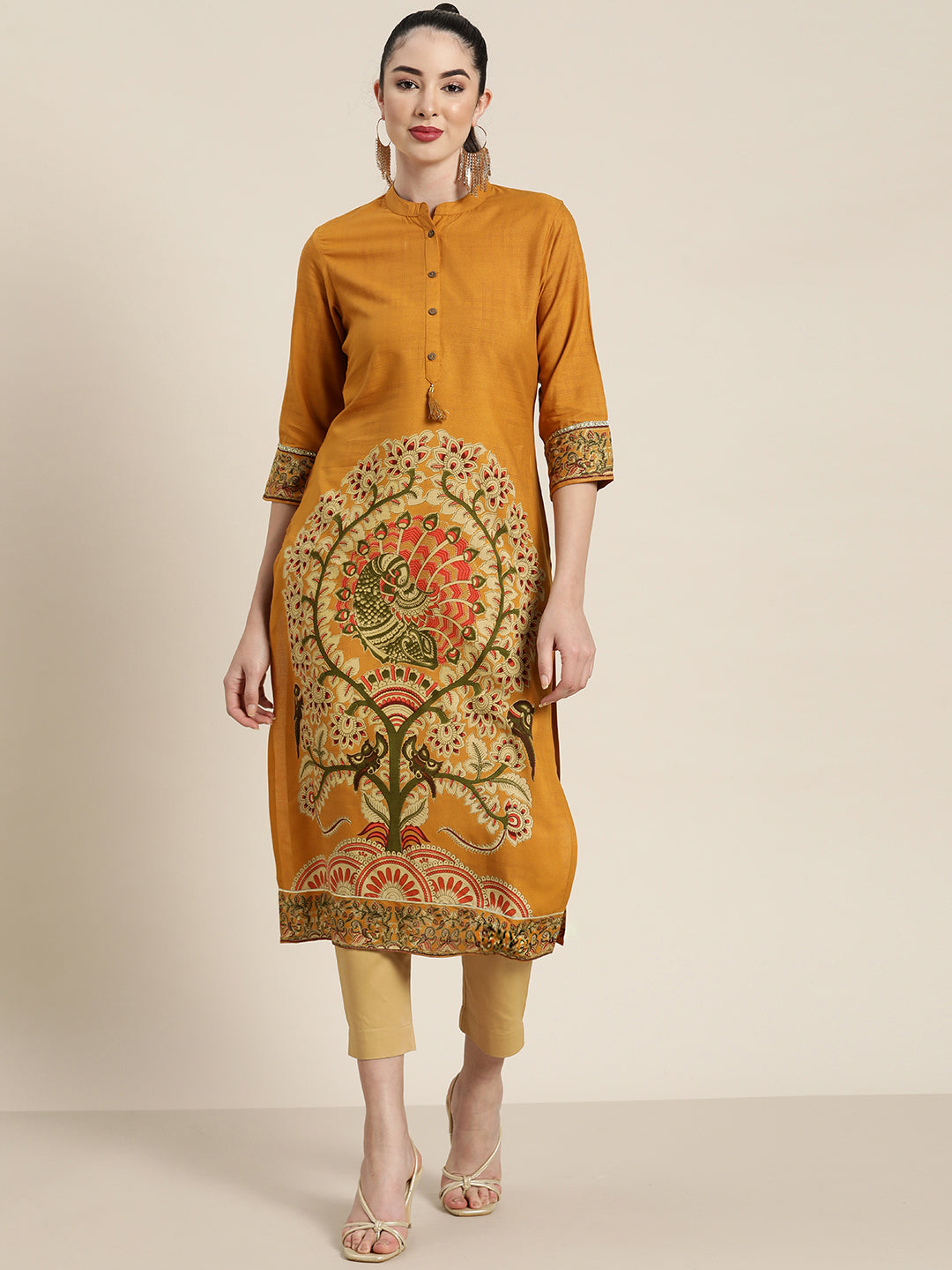 Juniper Mustard Ethnic Motif Printed Rayon Straight Kurta With Buttons & Tassels - Swadesiicart