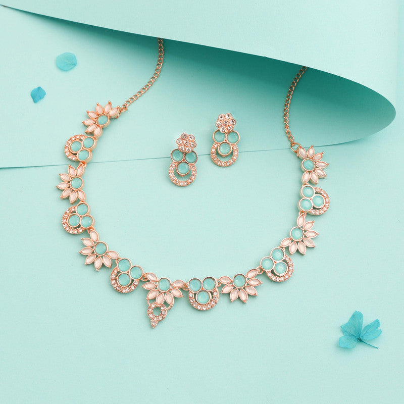 Tehzeeb Creations Gold Pleate Sky Blue Choker Necklace With Stud - Swadesiicart