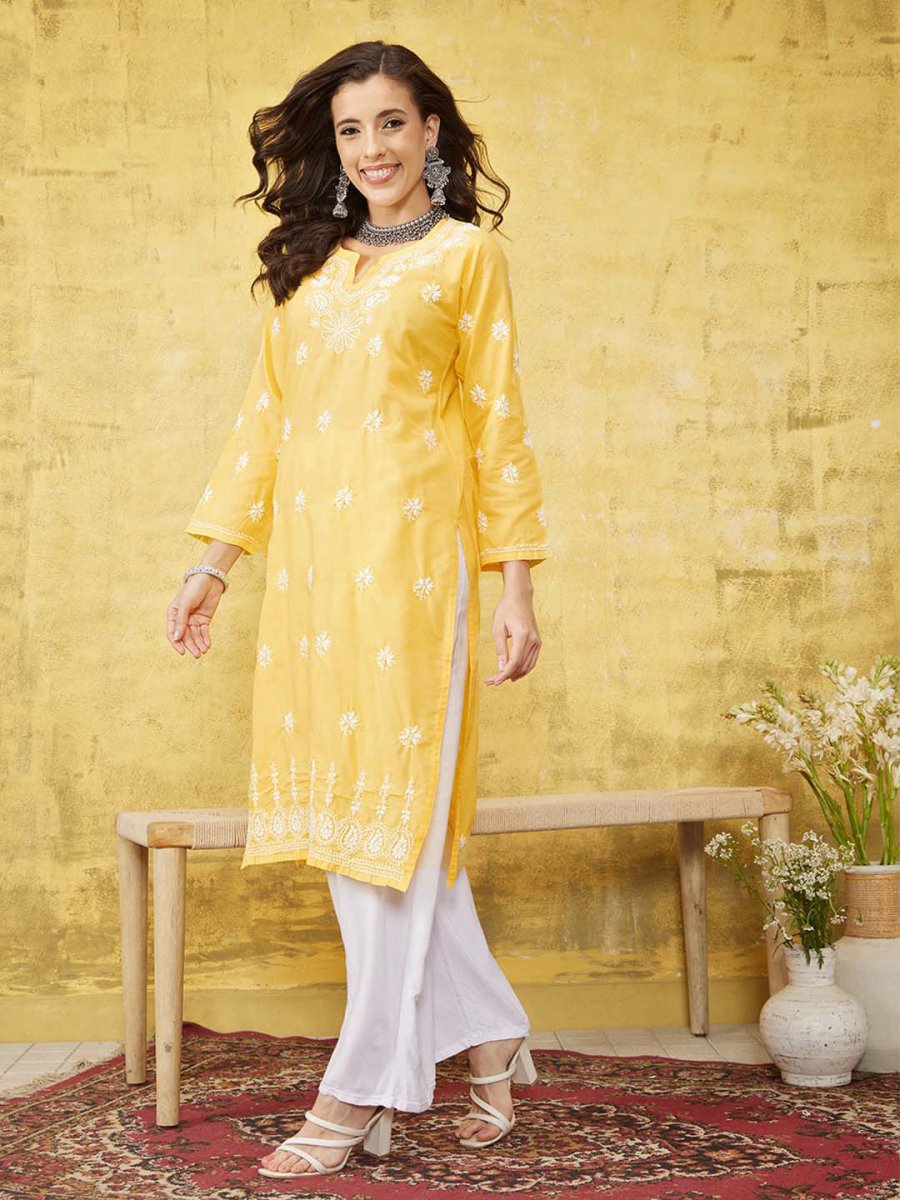 ADA Women Yellow & White Chikankari Embroidered Straight Sustainable Handloom Kurta | Swadesiicart