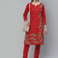 ADA Women Red & Green Chikankari Hand Embroidered Sustainable Handloom Kurta with Trousers | Swadesiicart