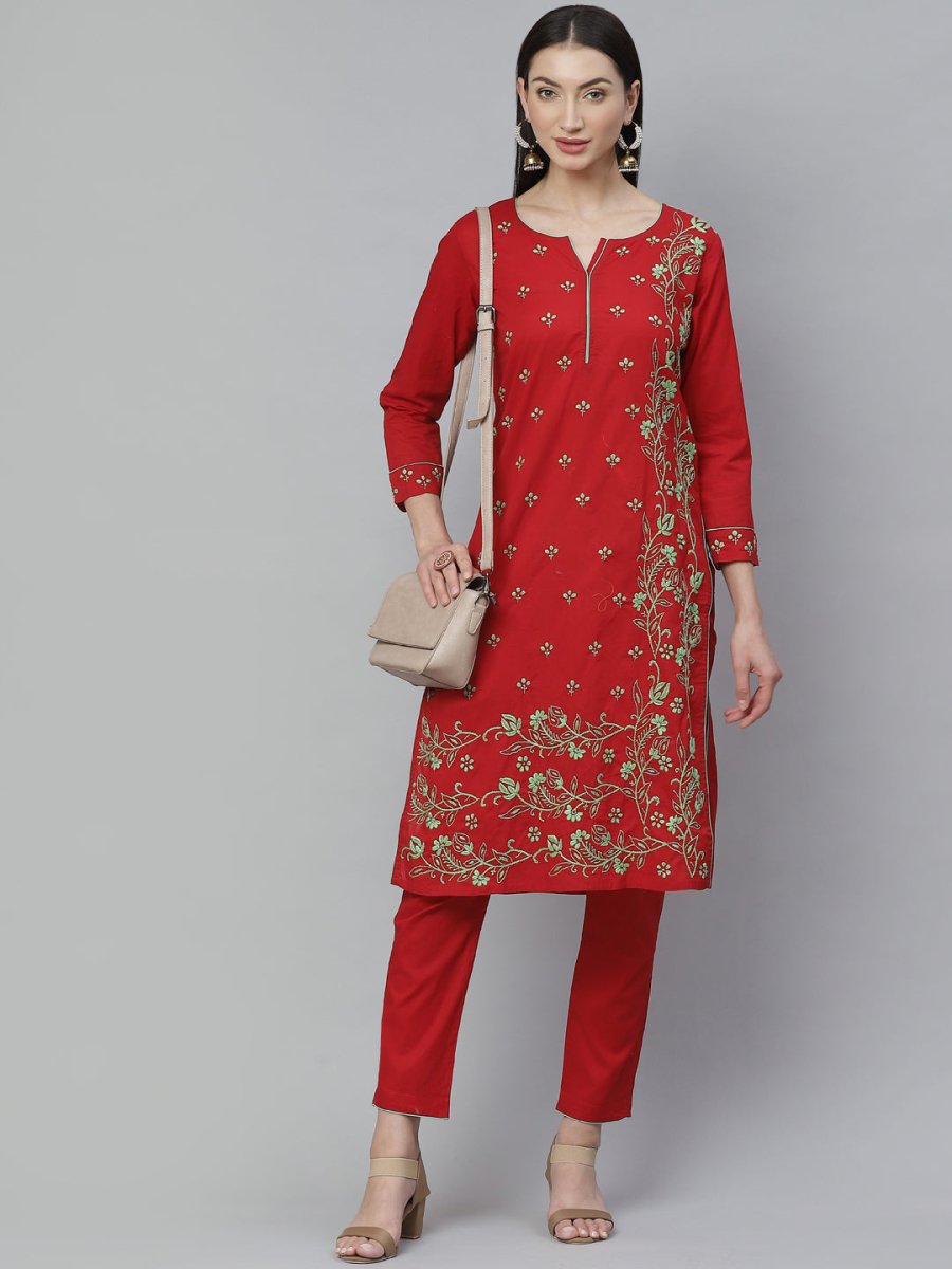 ADA Women Red & Green Chikankari Hand Embroidered Sustainable Handloom Kurta with Trousers | Swadesiicart