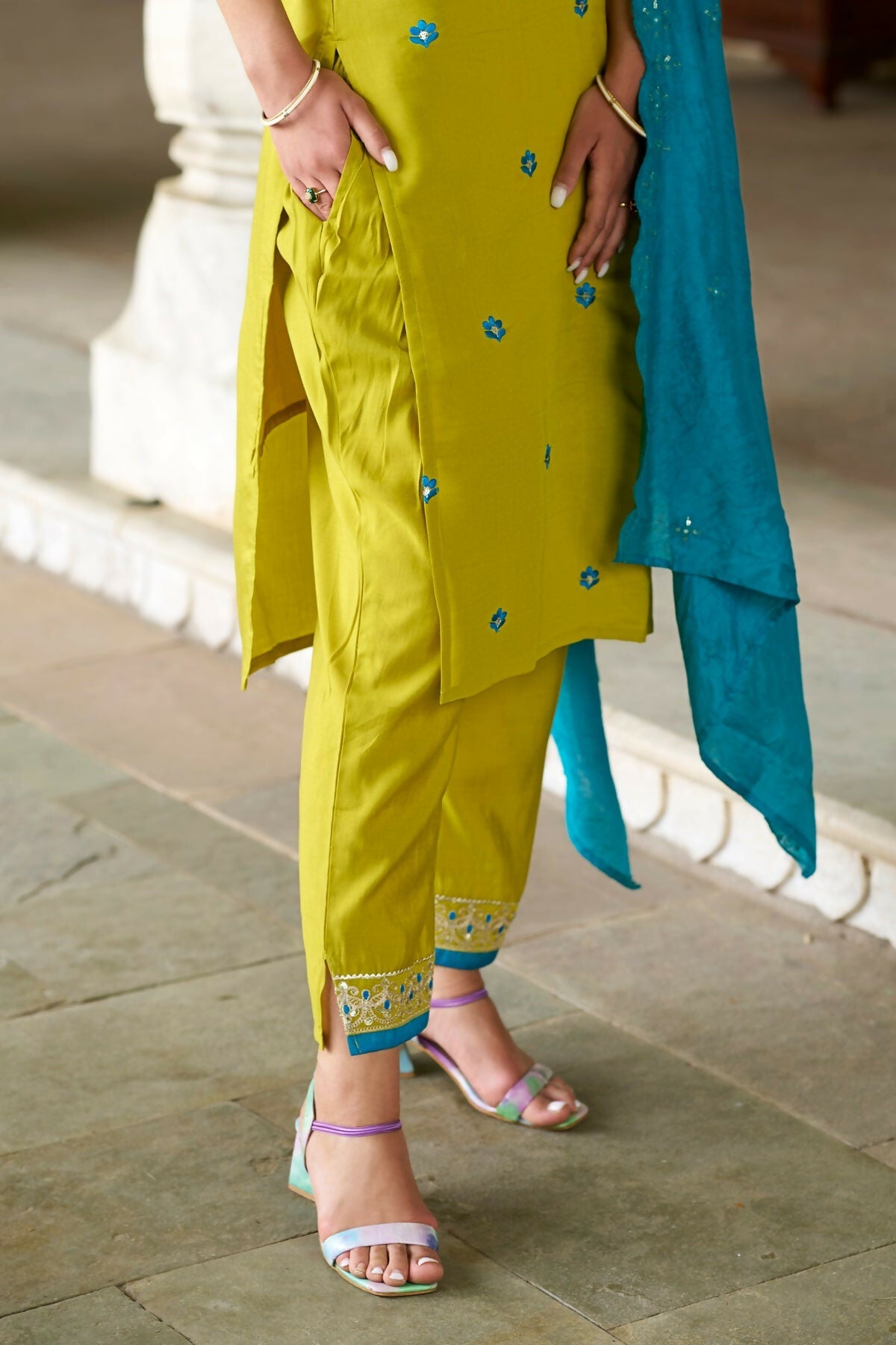 The52 Lemon Beautiful Embroidered Viscose Chanderi Fabric Straight Kurta Pant with Dupatta Set - Swadesiicart