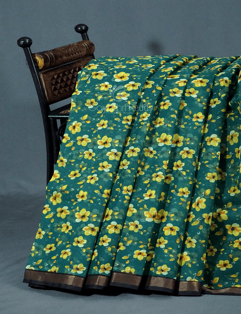 Peacock Green Colour Block Print Pure Kota Cotton Saree By Gayathri Reddy Designer Studio | Swadesiicart