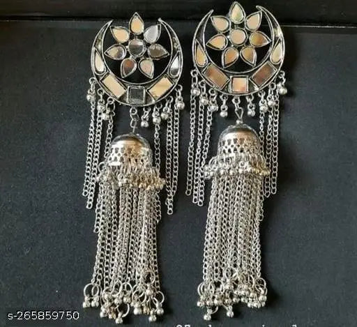 Tehzeeb Creations Women's Silver Colour Oxidised Earrings With Mirror And Chain | Swadesiicart