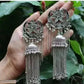 Tehzeeb Creations Women's Silver Colour Oxidised Earrings With Mirror And Chain | Swadesiicart