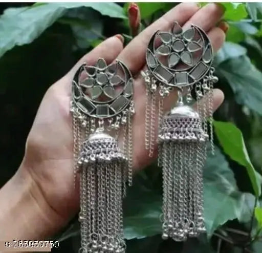 Tehzeeb Creations Women's Silver Colour Oxidised Earrings With Mirror And Chain | Swadesiicart