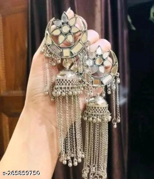 Tehzeeb Creations Women's Silver Colour Oxidised Earrings With Mirror And Chain | Swadesiicart