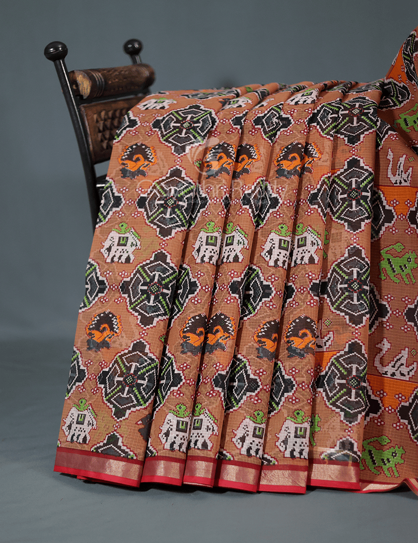Shades of Light Chikoo Colour With Patola Design Pure Kota Cotton Saree By Gayathri Reddy Designer Studio | Swadesiicart