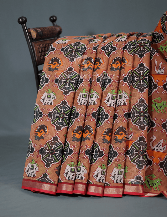Shades of Light Chikoo Colour With Patola Design Pure Kota Cotton Saree By Gayathri Reddy Designer Studio | Swadesiicart