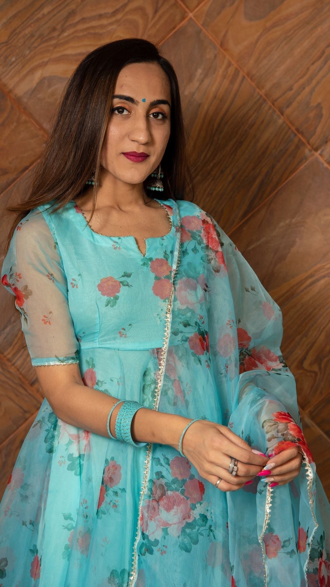 Pomcha Jaipur Blue And Red Floral Organza Anarkali Set | Swadesiicart