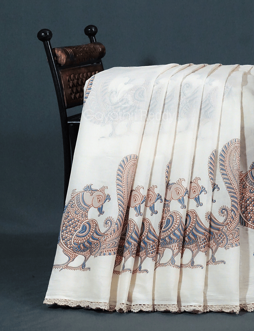 Cream Colour Peacock Block Print Crocia Mulmul Cotton Saree By Gayathri Reddy Designer Studio | Swadesiicart
