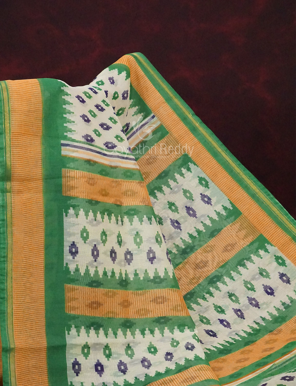 Combo of Off White and Mango Green Patan Patola Semi Chanderi Saree By Gayathri Reddy Designer Studio | Swadesiicart