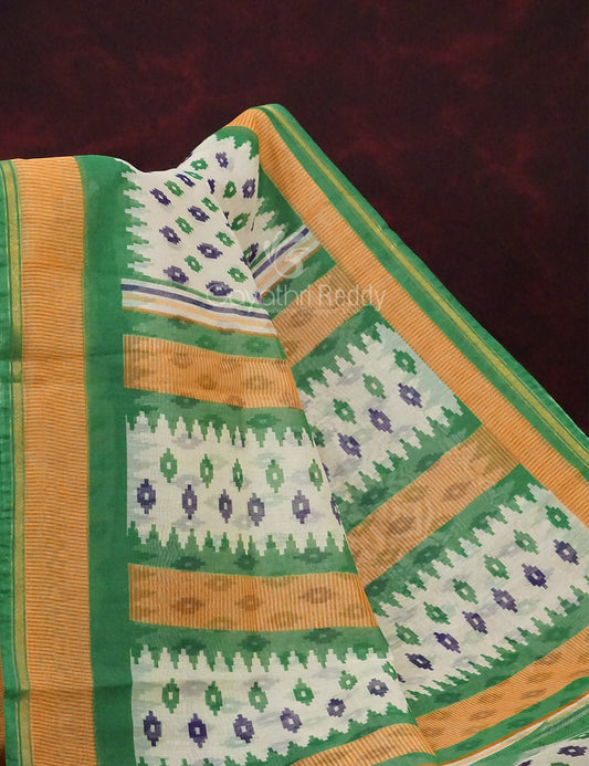 Combo of Off White and Mango Green Patan Patola Semi Chanderi Saree By Gayathri Reddy Designer Studio | Swadesiicart