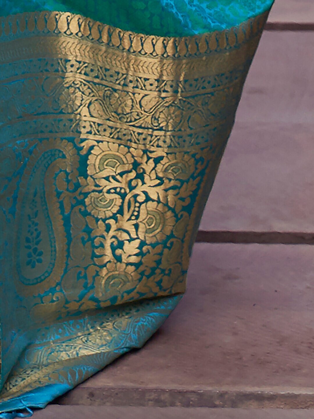 Mitera Teal & Gold-Toned Bagh Pure Silk Banarasi Saree | Swadesiicart