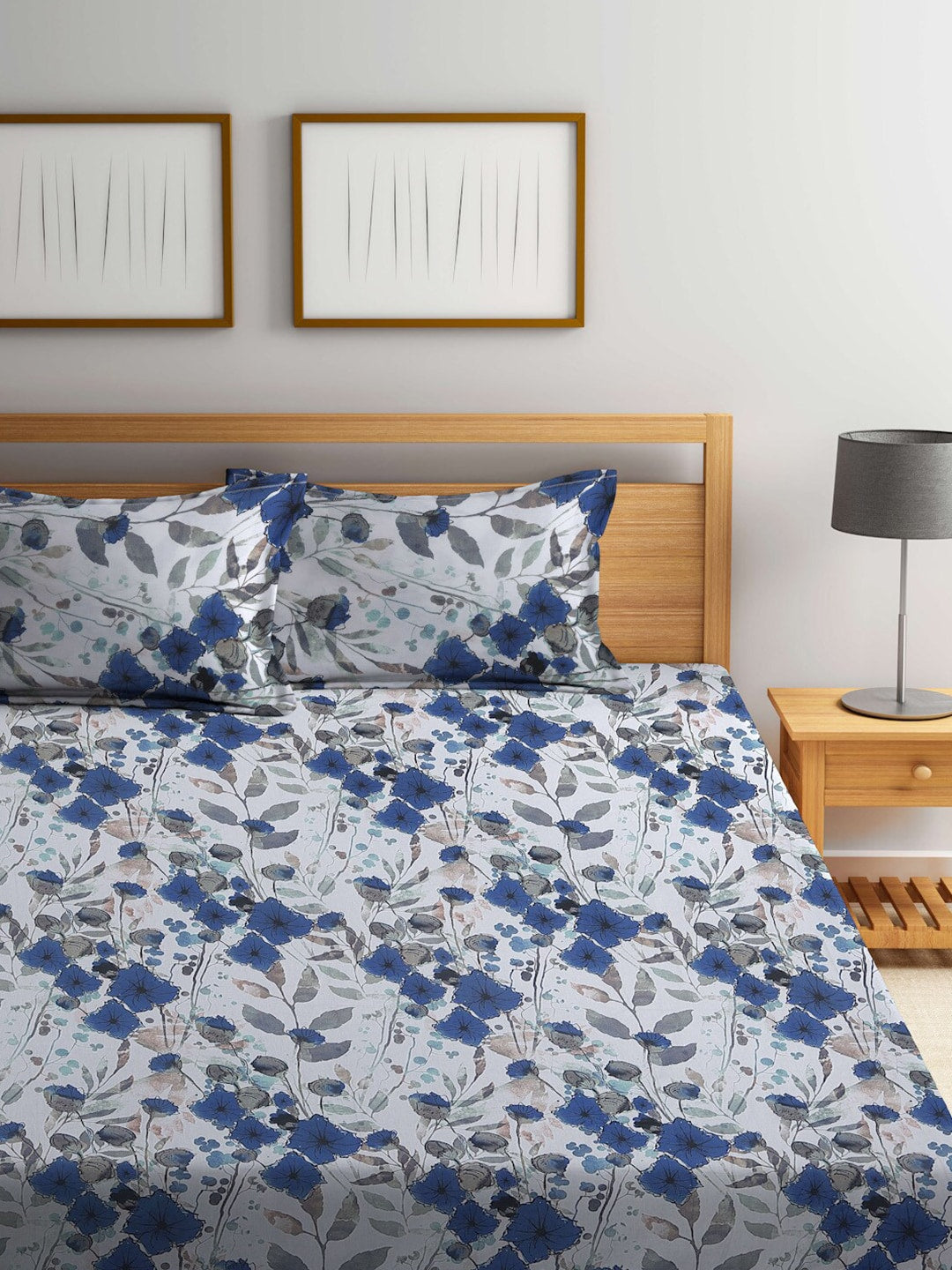 BOMBAY DYEING Blue & White Floral Cotton 144 TC Queen Bedsheet With 2 Pillow Covers - Swadesiicart