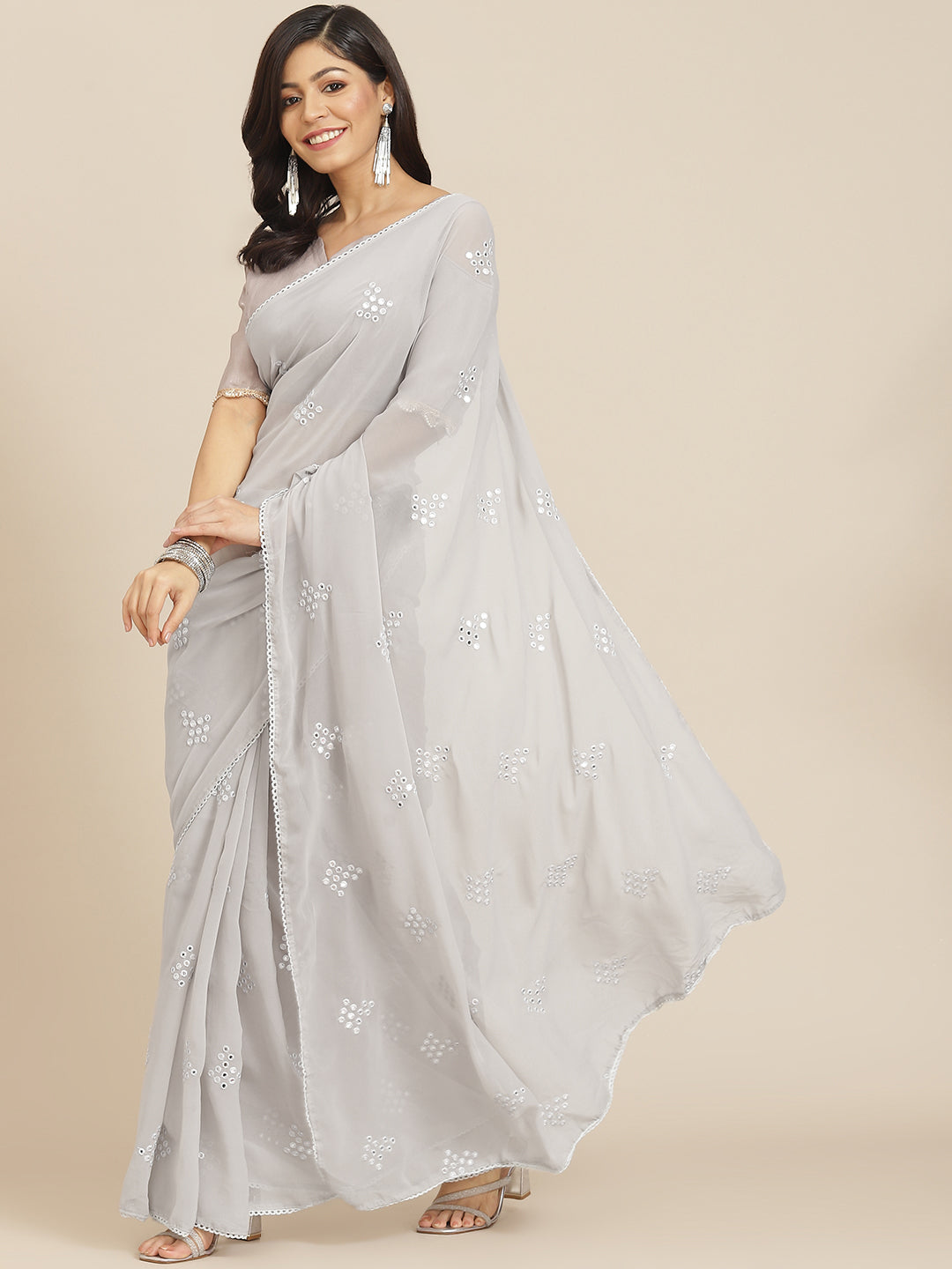 Tikhi Imli Grey Embroidered Mirror-Work Saree | Swadesiicart