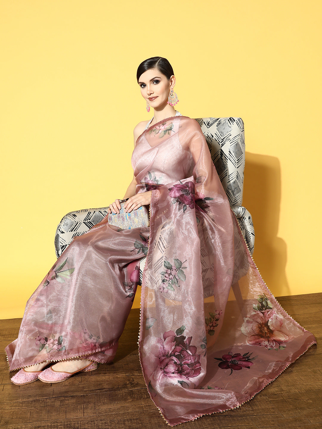 Tikhi Imli Pink & Green Floral Organza Saree | Swadesiicart