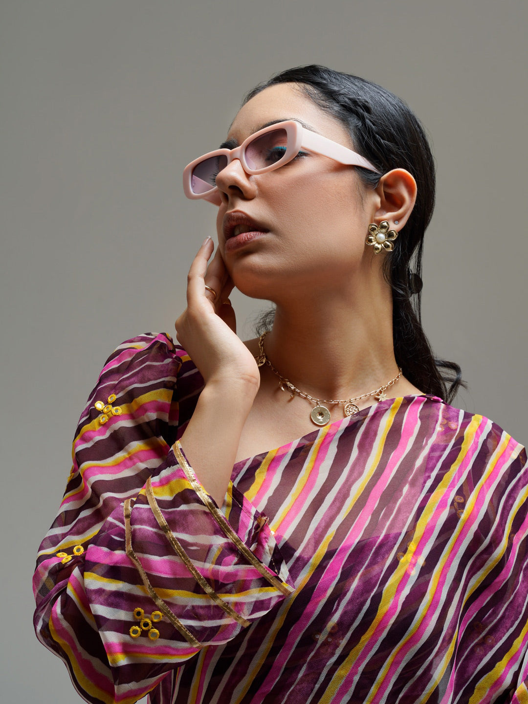 Tikhi Imli Brown Striped Ruffled Ready To Wear Saree | Swadesiicart