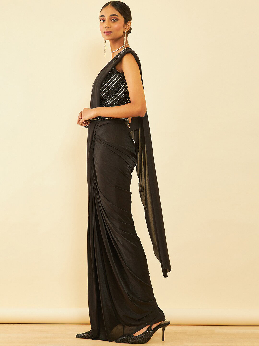 Soch Black Embellished Beads and Stones Ready to Wear Saree | Swadesiicart