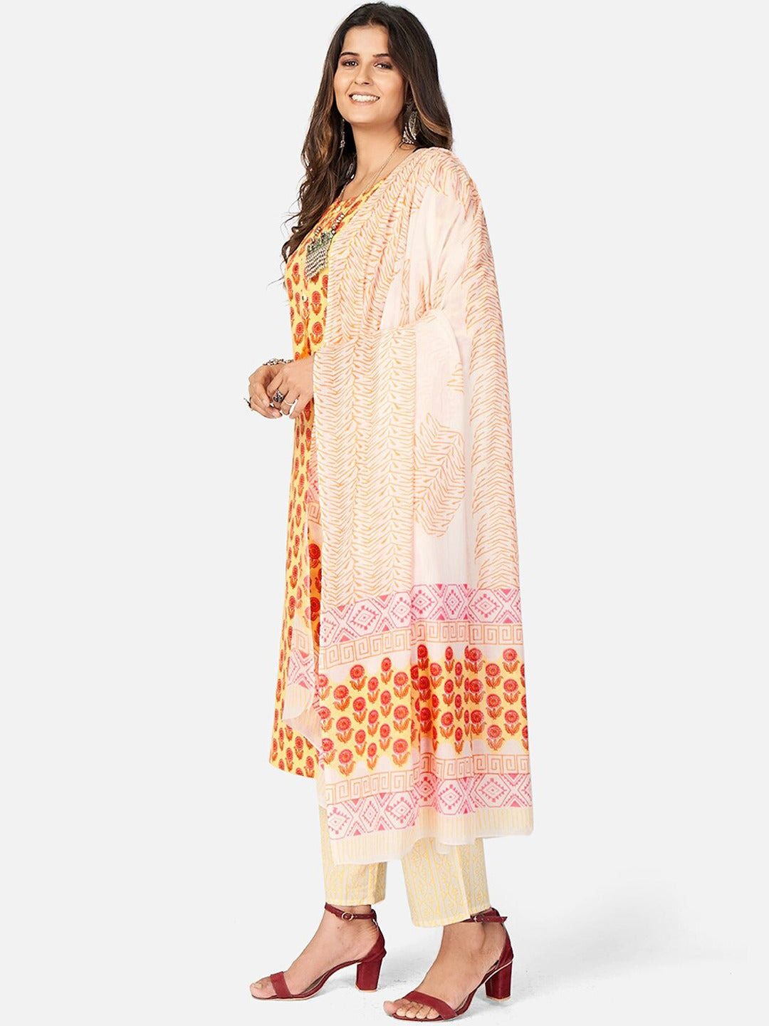 NOZ2TOZ Women Yellow Cotton Kurta with Pant & Dupatta (3pcs Set) - Swadesiicart
