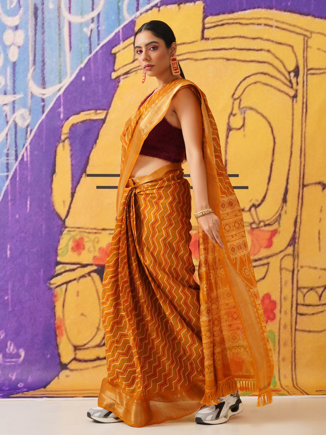 Tikhi Imli Leheriya Zari Jute Silk Ready to Wear Saree | Swadesiicart