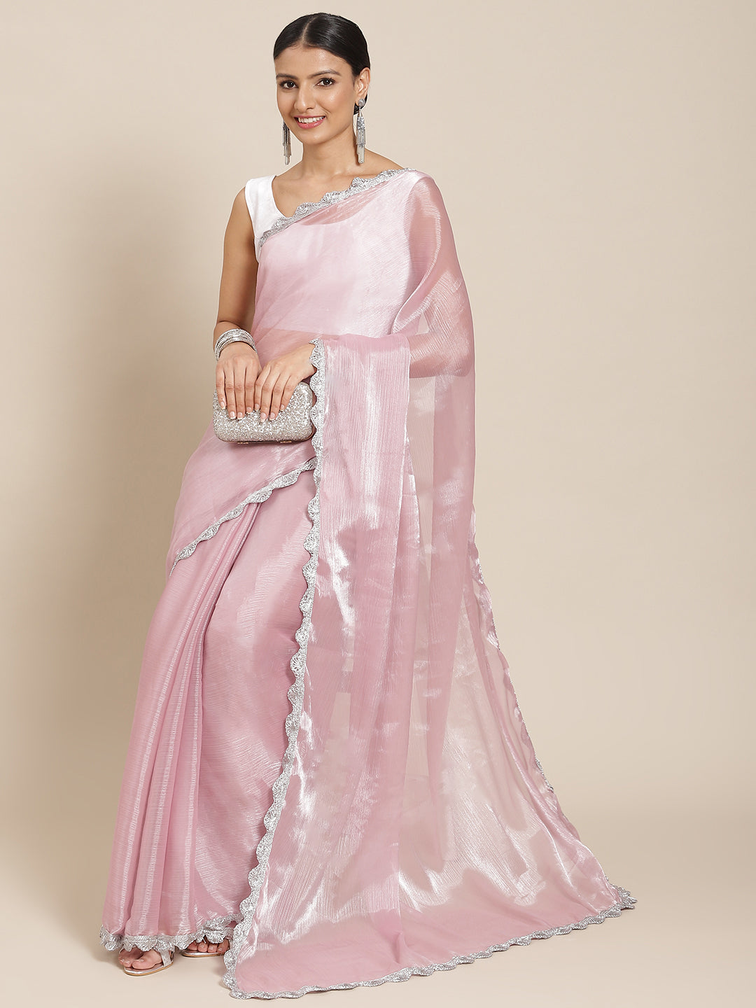 Tikhi Imli Pink Solid Embellished Border Saree | Swadesiicart