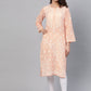 ADA Women Peach-Coloured & White Chikankari Embroidered Cotton Straight Sustainable Kurta | Swadesiicart