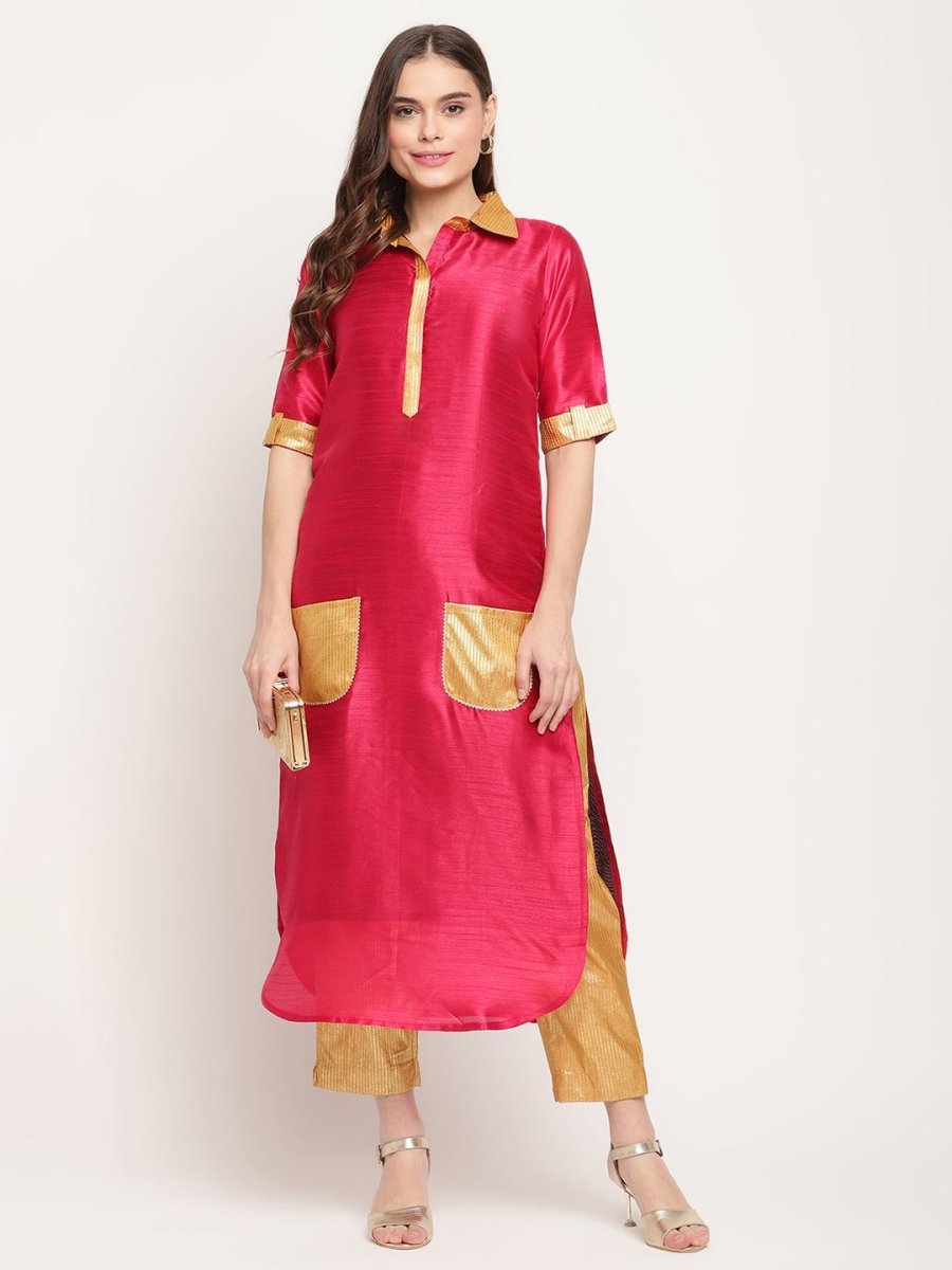 Ahalyaa Women's Dark Pink Poly Silk Kurta Trouser Set | Swadesiicart