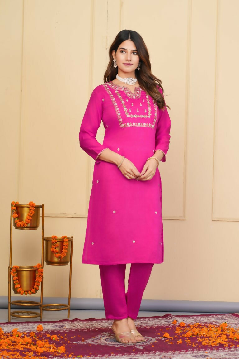 Pink Viscose Chanderi Embroidered Stitched Suit With Dupatta - Tanisha | Swadesiicart