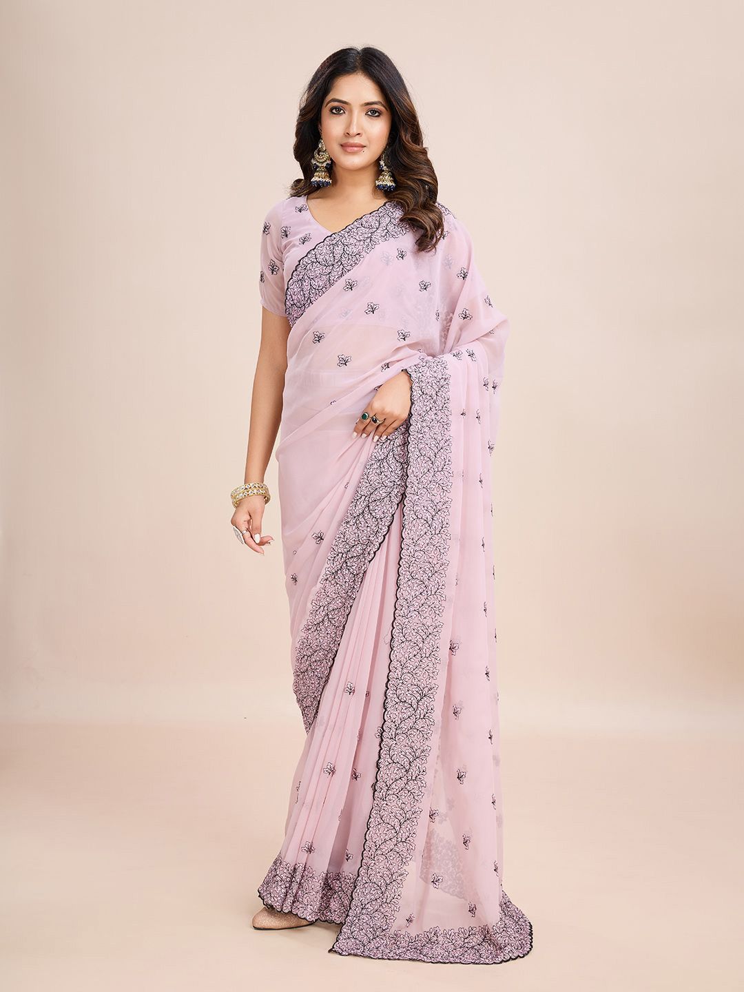 kasee Floral Embroidered Pure Chiffon Ready to Wear Saree | Swadesiicart