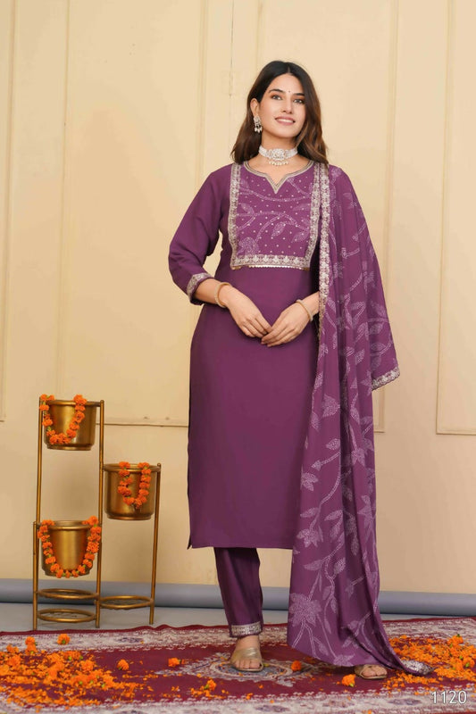 Wine Viscose Chanderi Embroidered Stitched Suit With Dupatta - Tanisha | Swadesiicart