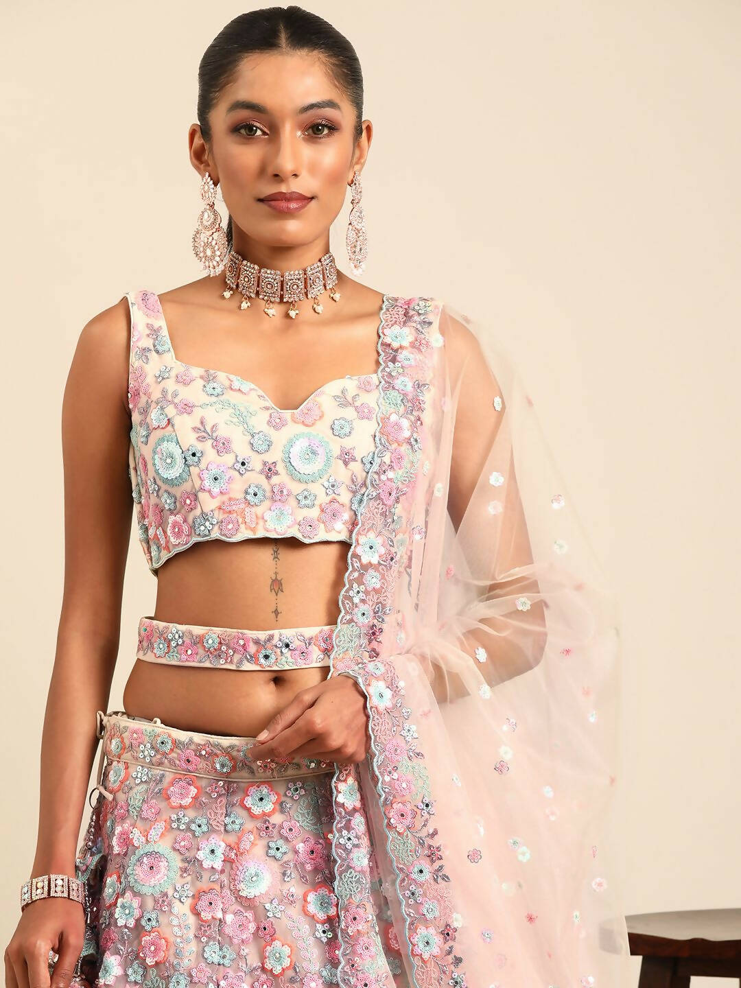 House of Panchhi Cream Net Sequins, Mirror and thread embroidery Lehenga choli & Dupatta | Swadesiicart