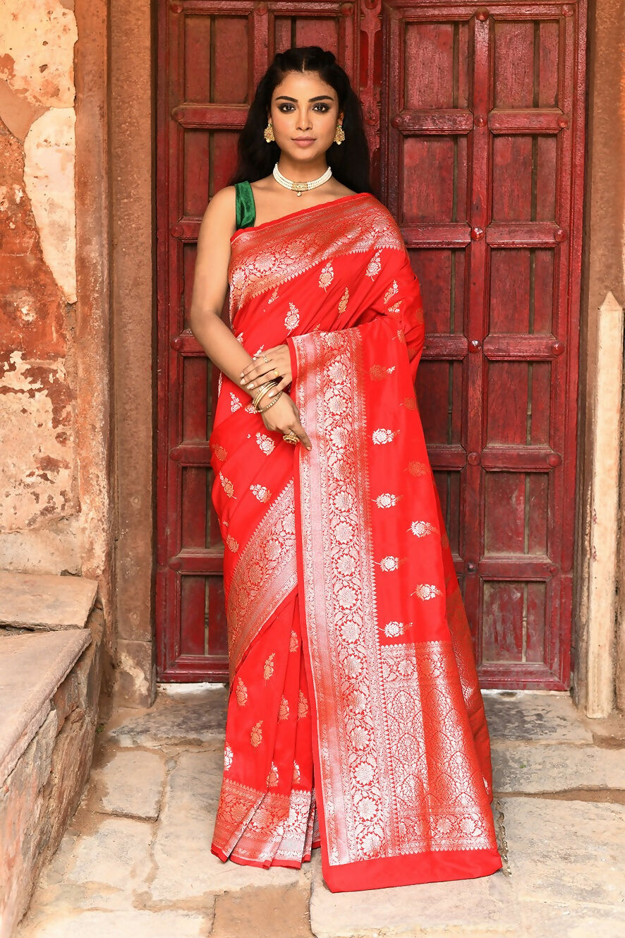 Joban Fashion Red Handwoven & Zari Work Soft Pure Handloom Banarasi Silk Saree | Swadesiicart