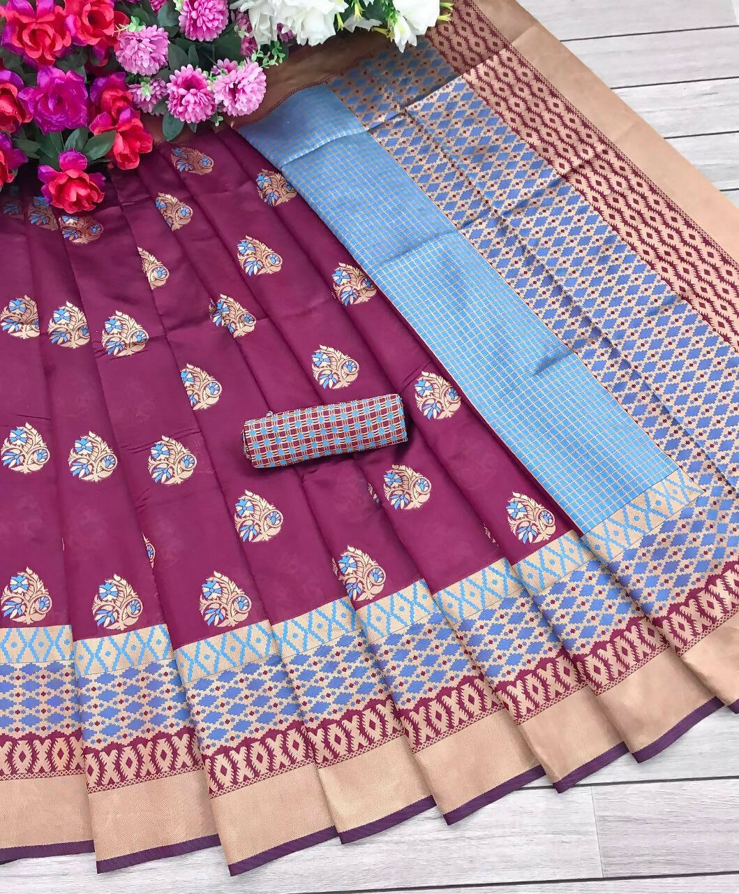 DEIANA'S Beautiful Designer Golden zari Soft Lichi Silk Saree - Wine - Swadesiicart