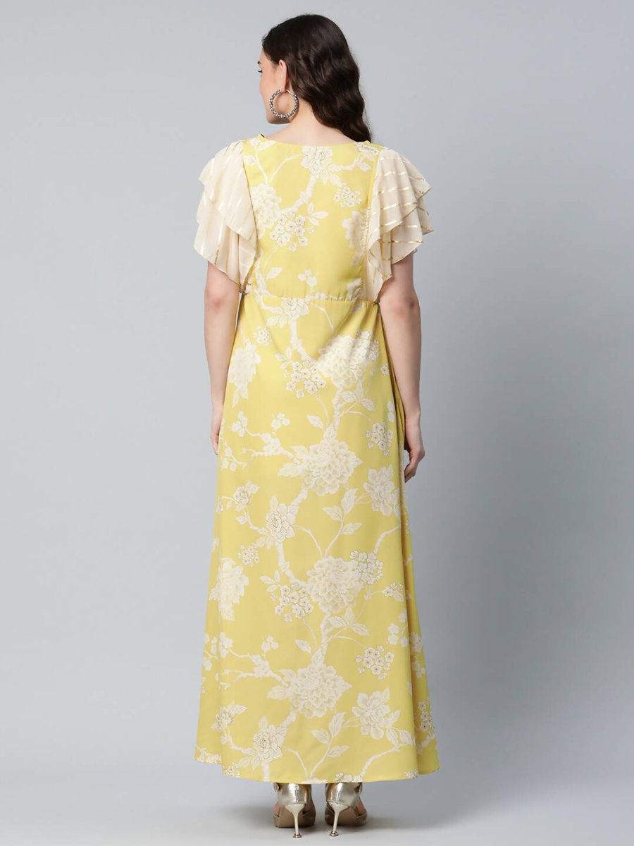 Ahalyaa Womens Lemon Yellow Crepe Floral Dress | Swadesiicart