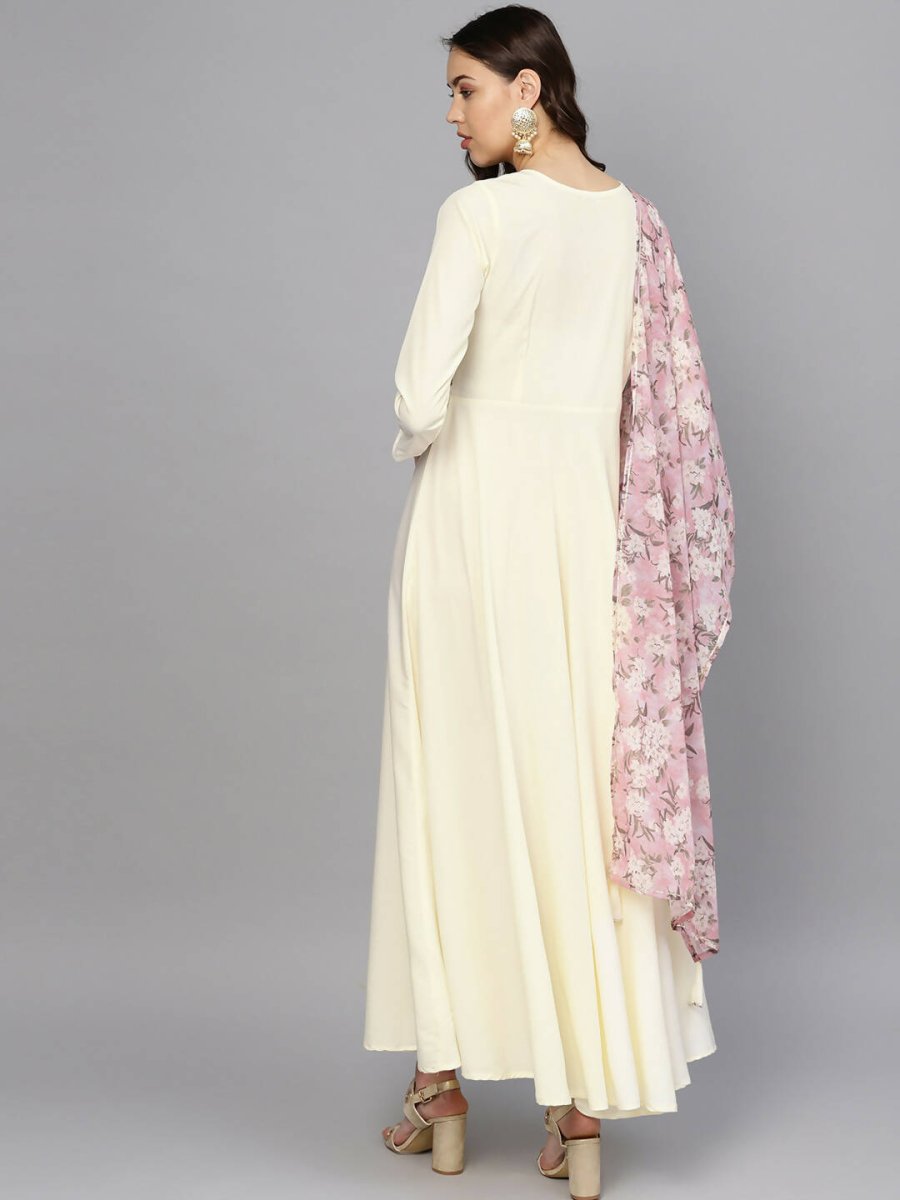 Ahalyaa Women's Cream Crepe kurta With Printed Dupatta Set | Swadesiicart