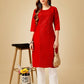 Jyoti Fashion Women's Red Cotton Blend Embroidered Kurta Pant Set | Swadesiicart