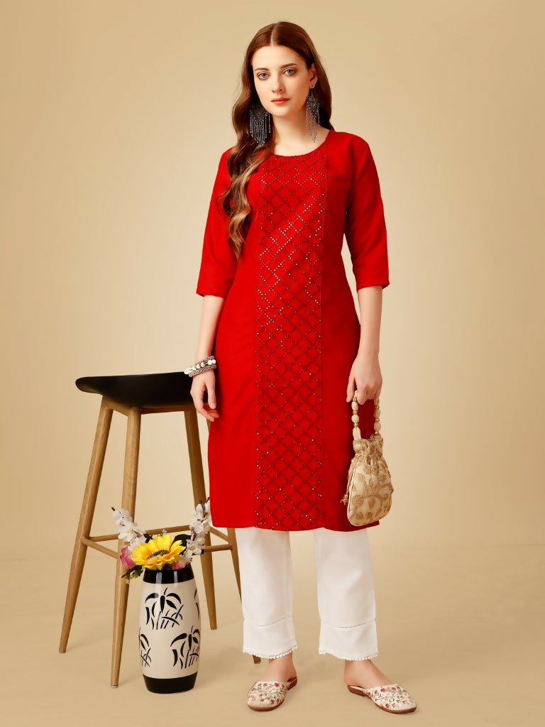 Jyoti Fashion Women's Red Cotton Blend Embroidered Kurta Pant Set | Swadesiicart