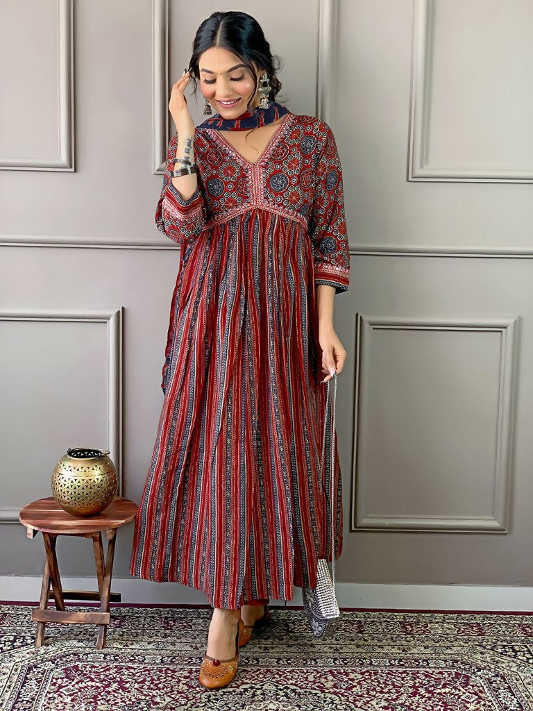 Partywear Designer Cotton Maroon Stitched Suit With Dupatta - Tanisha | Swadesiicart
