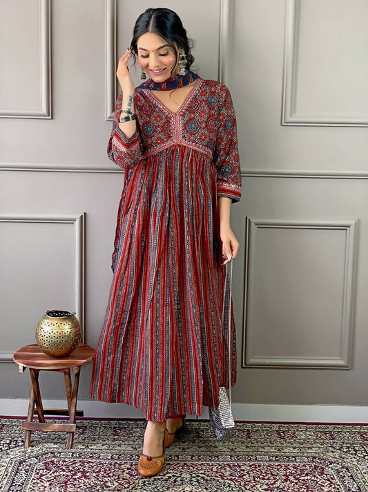 Partywear Designer Cotton Maroon Stitched Suit With Dupatta - Tanisha | Swadesiicart