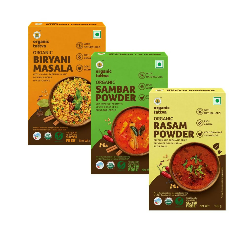 Organic Tattva South-Indian Masala Combo (100 Gm Each)- Sambar Powder, Rasam and Biryani Masala | Swadesiicart